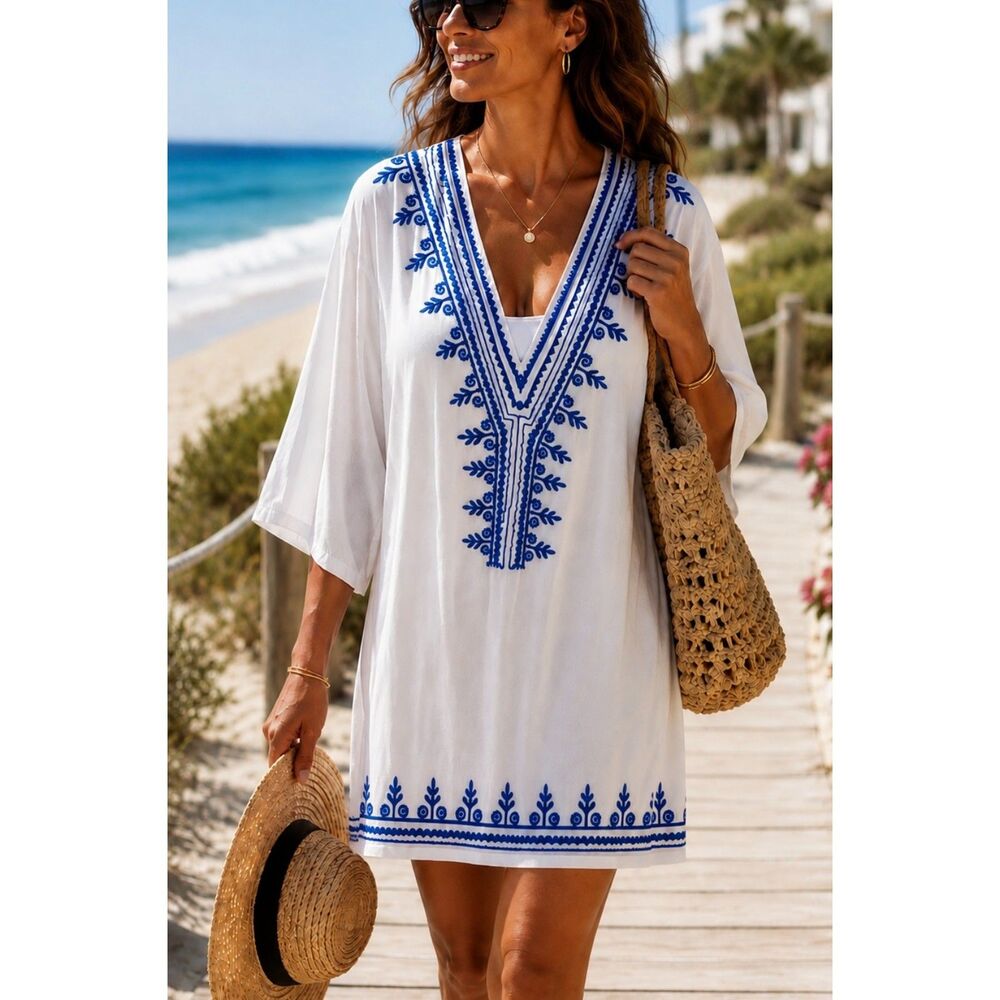 Back From Bali White & Blue Embroidered Tunic Cover Up L/XL 1X Resort Made India